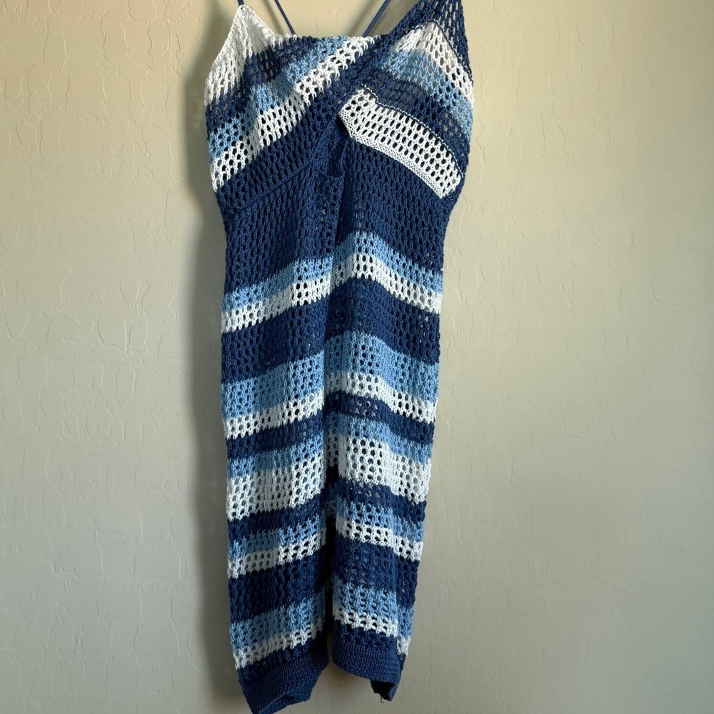 Crochet swim cover blue white striped nautical coastal beach Medium Women’s - Picture 3 of 10